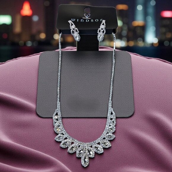 Windsor ✦ Silver Rhinestone Necklace & Earring Set ✦ Formal Occasion Jewelry NWT - Picture 2 of 10
